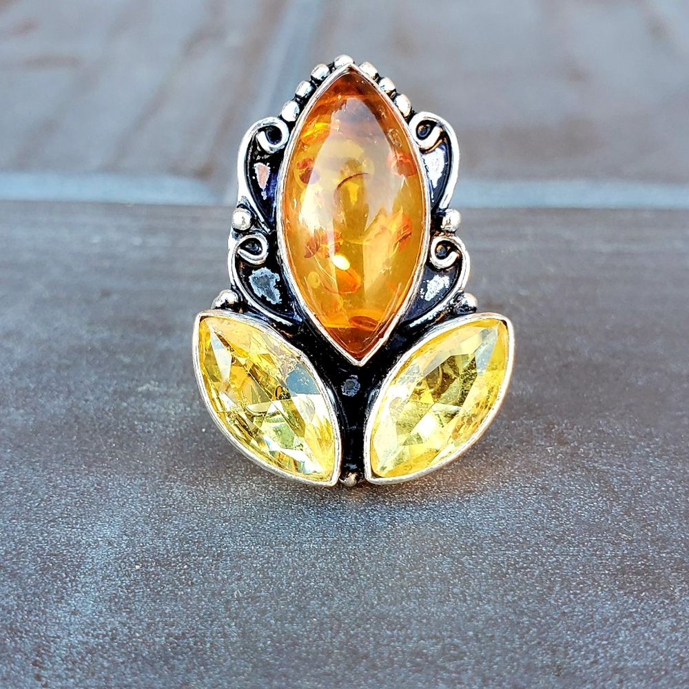 New Amber & Citrine 925 Silver Ring. - Picture 7 of 10